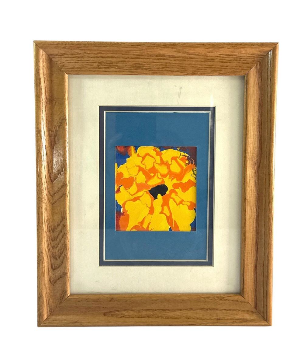 Original Abstract Flower Painting Orange Yellow Floral Framed Art 10x12